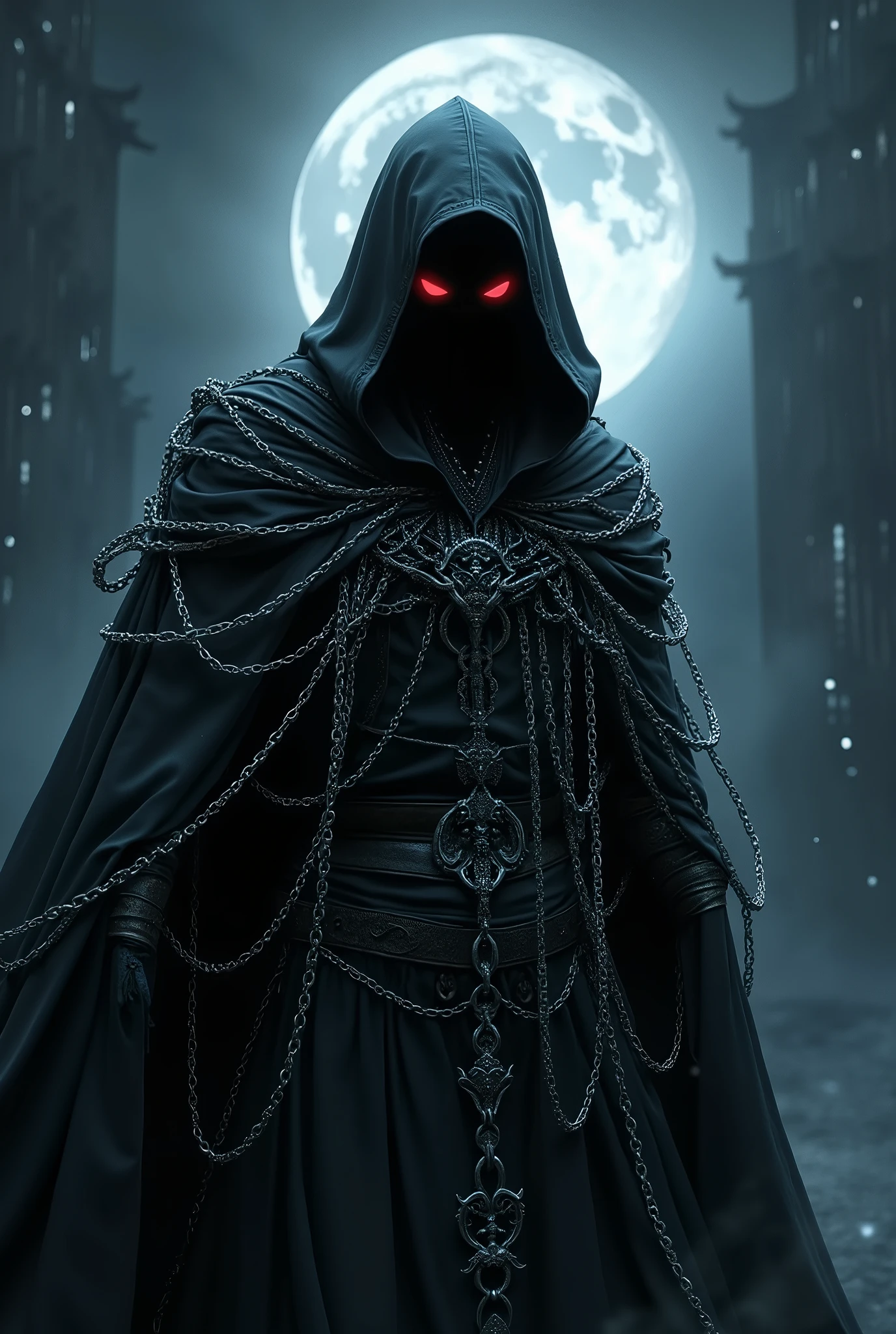 Emphasizing the chain、A jet-black assassin clad in chains、Medieval Assassin、((Silver chains floating in the dark night))、Red eyes、Black hood