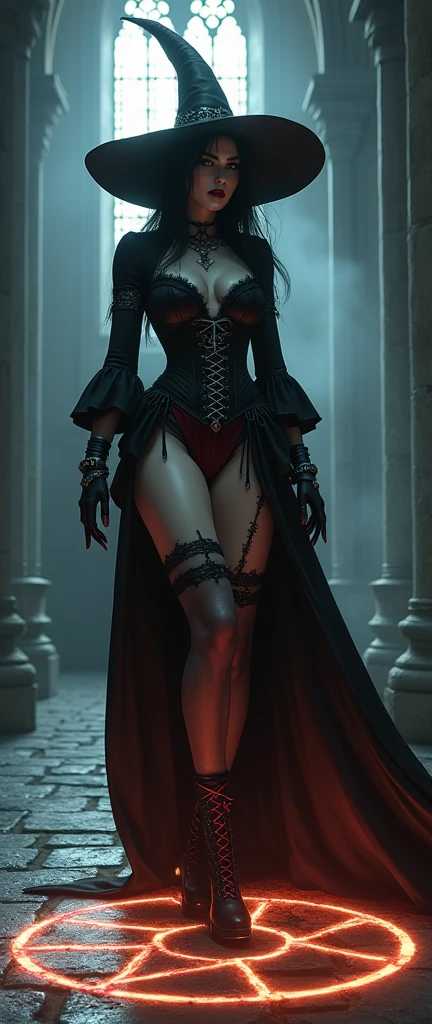 Adult lady,have a body tattoo, white hair, red sharp eyes, small mouth with bright red lipstick, black gothic dress, exposed the long leg, beautiful face,sideways, holding a long sword in one hand, Gothic revolver in the other hand,with a faint light on the left side of the body, standing in the church of the night, fighting posture, art standing contest champion, Fantasy Art, Art Station HD, Concept Art, 8K, Dark Soul, CG
