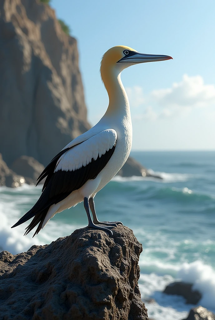 Gannet perched on cliff with mouth open