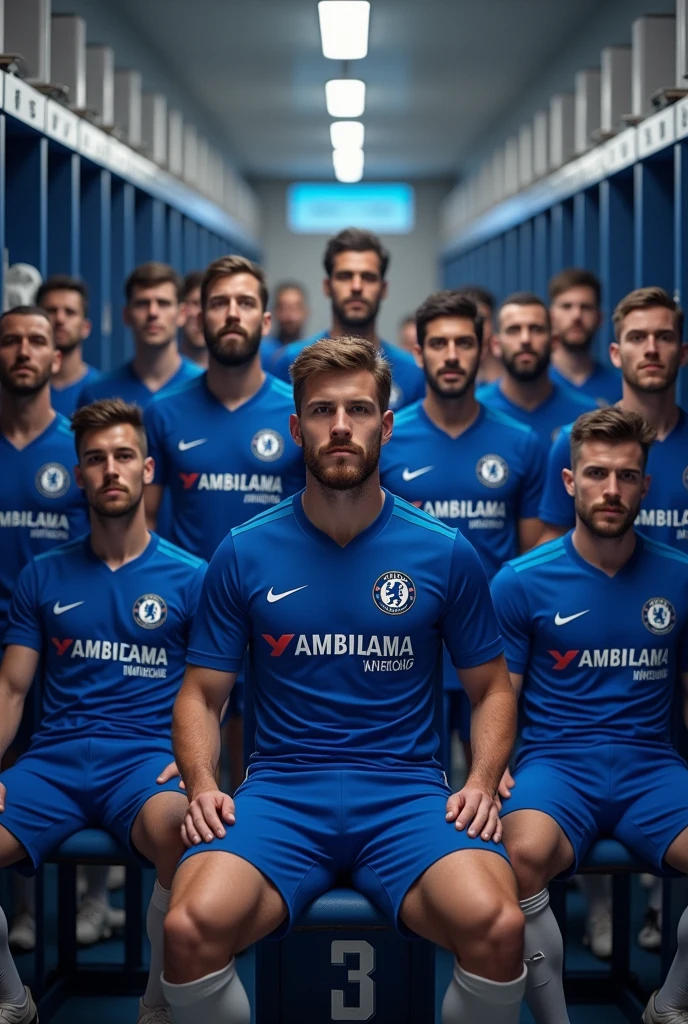 generat HD picture of 500 players wearing chelsea football club jerseys sitting and standing in the dressing of chelsea football club