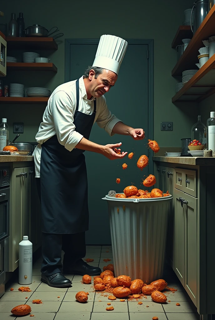 Cook with indifferent mood throwing food in the trash