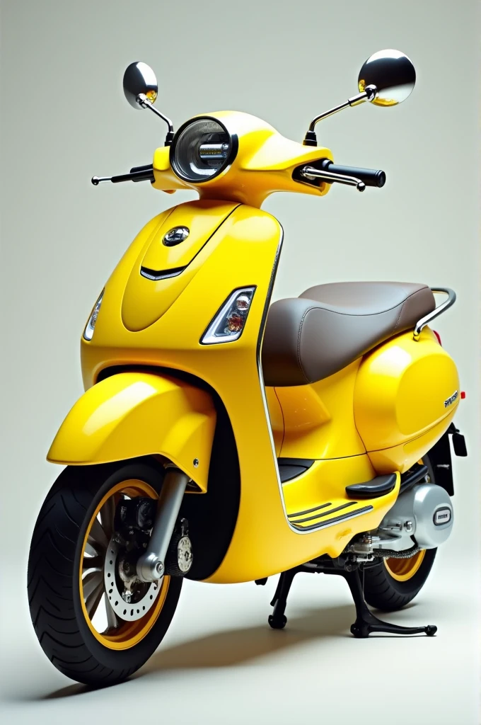 Create image of lemon yellow scooter with silver and fluorescent orange details