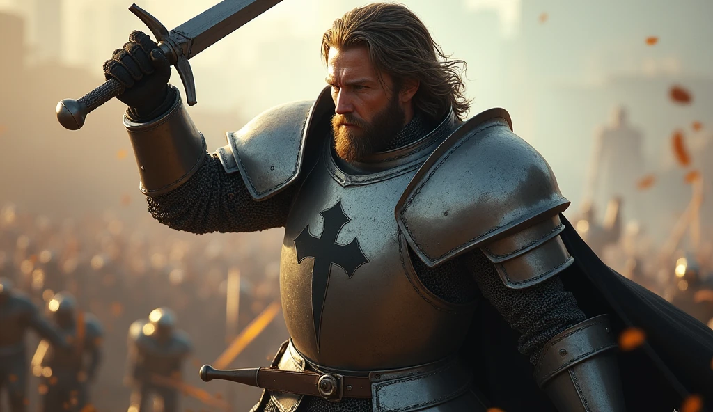 (medium length hair:1.3), (well-groomed beard:1.3), intense gaze, muscular, (knight in a steel armor with a cross emblem:1.3), standing in a battlefield, about to swing his sword downward, dynamic pose, (focus on the protagonist:1.5), high contrast, epic lighting, (detailed face and body:1.3), cinematic, realistic