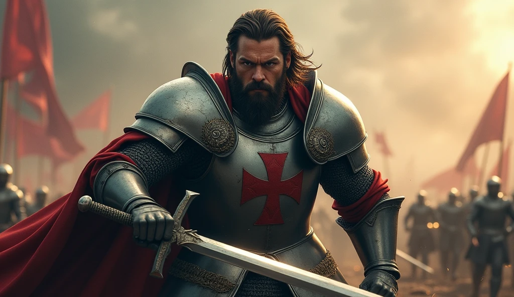 (medium length hair:1.3), (well-groomed beard:1.3), intense gaze, muscular, (knight in a steel armor with a cross emblem:1.3), standing in a battlefield, about to swing his sword downward, dynamic pose, (focus on the protagonist:1.5), high contrast, epic lighting, (detailed face and body:1.3), cinematic, realistic
