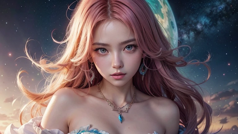 Close-up of a woman with showy hair and necklace, anime girl with cosmic hair, The gentle vitality of Rossdraws, Guvez style artwork, fantasy art style, showy], vibrant fantasy style, Rossdraws cartoon full of vitality., cosmic and showy, guweiz, showy digital fantasy art, Stunning art style, Beautiful anime style, full body lighting, skin glow, sexy expression
