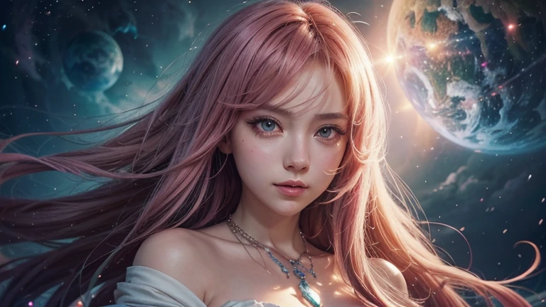 Close-up of a woman with showy hair and necklace, anime girl with cosmic hair, The gentle vitality of Rossdraws, Guvez style artwork, fantasy art style, showy], vibrant fantasy style, Rossdraws cartoon full of vitality., cosmic and showy, guweiz, showy digital fantasy art, Stunning art style, Beautiful anime style, full body lighting, skin glow, sexy expression