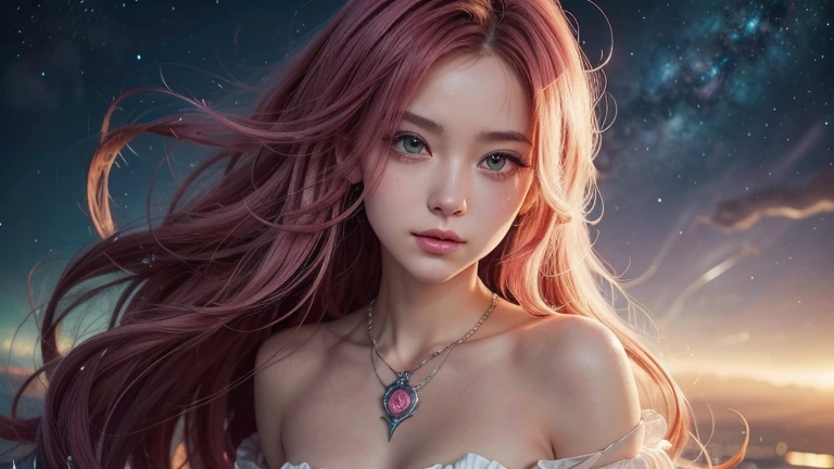 Close-up of a woman with showy hair and necklace, anime girl with cosmic hair, The gentle vitality of Rossdraws, Guvez style artwork, fantasy art style, showy], vibrant fantasy style, Rossdraws cartoon full of vitality., cosmic and showy, guweiz, showy digital fantasy art, Stunning art style, Beautiful anime style, full body lighting, skin glow, sexy expression