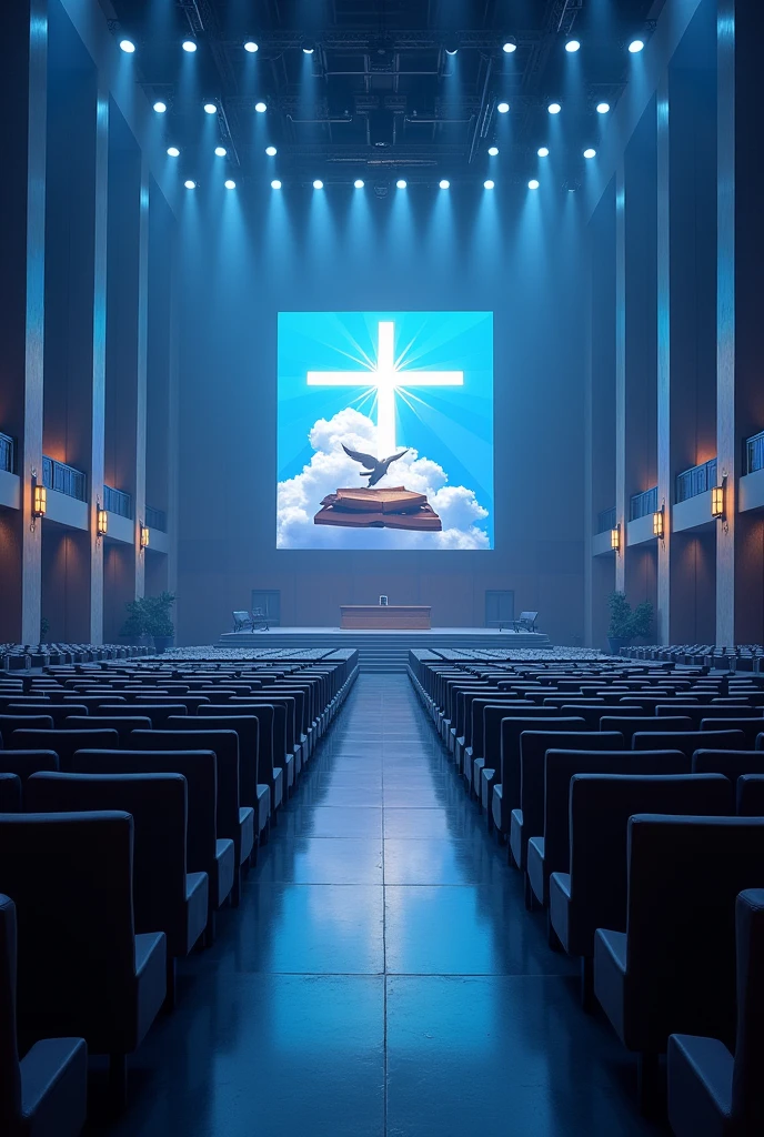 A very huge and wide rectangualar meeting hall, with many rows and Columns of chairs devided with 3 walk ways,blue and white light in the building,ceiling with many spot lights, A wide Huge tectangual stage at a far end, background of the stage "a full screen shoing A light shining out from a bible cross on the top of the bible and a dove on the top of the cross", Tv screen hand down on the ceiling infron of rows