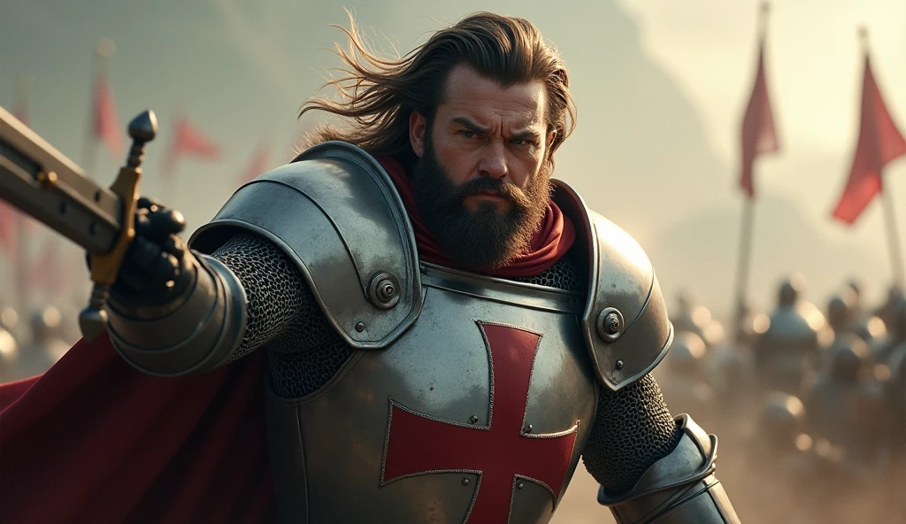 (medium length hair:1.3), (well-groomed beard:1.3), intense gaze, muscular, (knight in a steel armor with a cross emblem:1.3), standing in a battlefield, about to swing his sword downward, dynamic pose, (focus on the protagonist:1.5), high contrast, epic lighting, (detailed face and body:1.3), cinematic, realistic