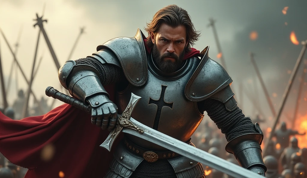 (medium length hair:1.3), (well-groomed beard:1.3), intense gaze, muscular, (knight in a steel armor with a cross emblem:1.3), standing in a battlefield, about to swing his sword downward, dynamic pose, (focus on the protagonist:1.5), high contrast, epic lighting, (detailed face and body:1.3), cinematic, realistic