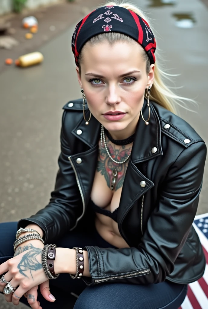 Anglosaxon old milf woman, , blonde platinum hair (ponytail, colourful bandana as  headband), with very light green eyes, extremely pale.  .Wearing studded cropped black moto jacket (verical zippers on the sides,skull badges on sleeves). Black lace push up bra, skinny dark blue jeans with worn and dirty knees.m Silver Chelsea boots with cuban heels. Lots of thick wide studded  bracelets, chain collars and big rings. Tacky wide studded leather belt, with big skull and bones round buckle. Long earrings with chains. Squatting on a large torm, dirty  usa flag, looking at the photographer. Craving heavily. Hands on knees. Waste and trash all over the floor. Her studded leather bag, thron away. Looking at the camera, chin up. Toned abdominals, thin neck, slim legs and thin arms. Neck, chest, belly, hands and arms completely tattoed. Dirt road of Nairobi after the rain,  puddles on the ground, crowded with muscular shirtless men in jeans, street full of puddles, discarded food, fruits and garbage. Her studded black leather bag is a few metres behind her, her belongings scattered on the ground 