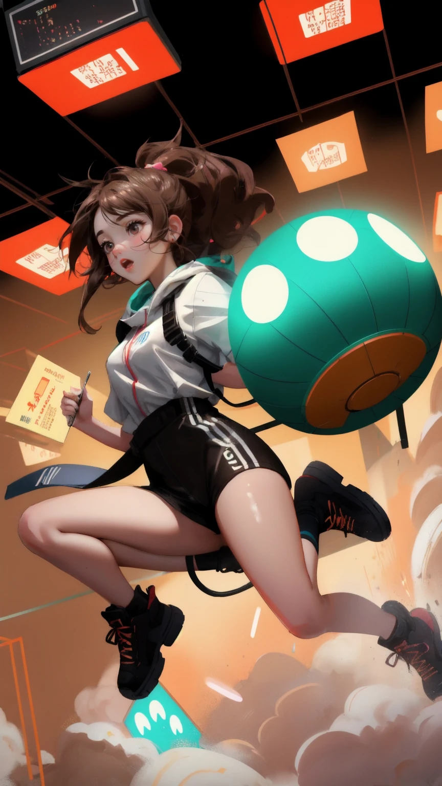A cartoonish girl with a frantic expression, running on a hamster wheel filled with screens flashing 'Airdrop Alert' notifications, symbolizing 'Airdrop Addiction.' The background is brown, emphasizing the overwhelming and repetitive nature of her addiction