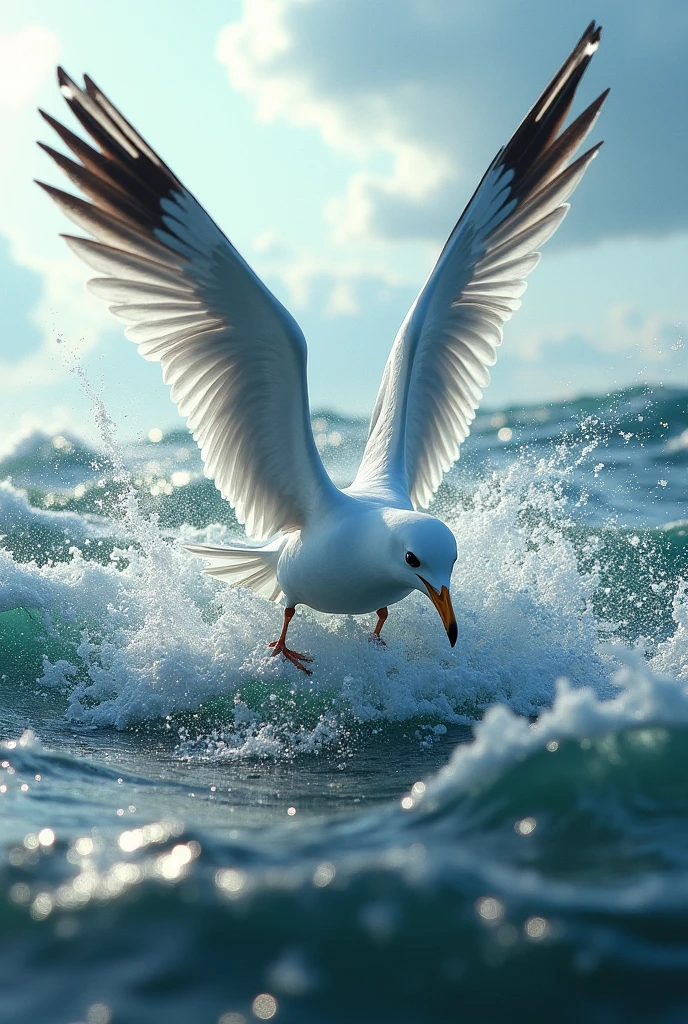 A seagull crashing into the water