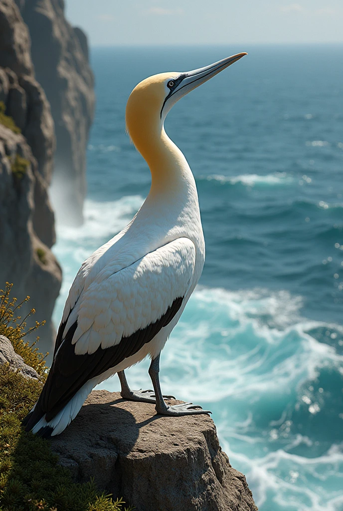 Gannet perched on cliff with beak open