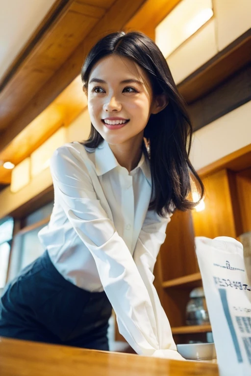 (8k, RAW photo, best quality, masterpiece), (photorealistic), outstanding details, ultra-high resolution, anatomically correct, textured skin, (Extremely precise and accurate anatomy),
Ultra Detailed Face, Detailed Eyes,
1 Girl, barista uniform, forehead, pulled back hair,
(Cute Japanese girl , 1), light smile,
cinematic lighting in the hair, hair light, wind in the hair,
(open cafe),
(backlighting),
(reflection light from below:1.4),
atmospheric perspective, depth of field,
(dramatic lighting), cinematic lighting,
