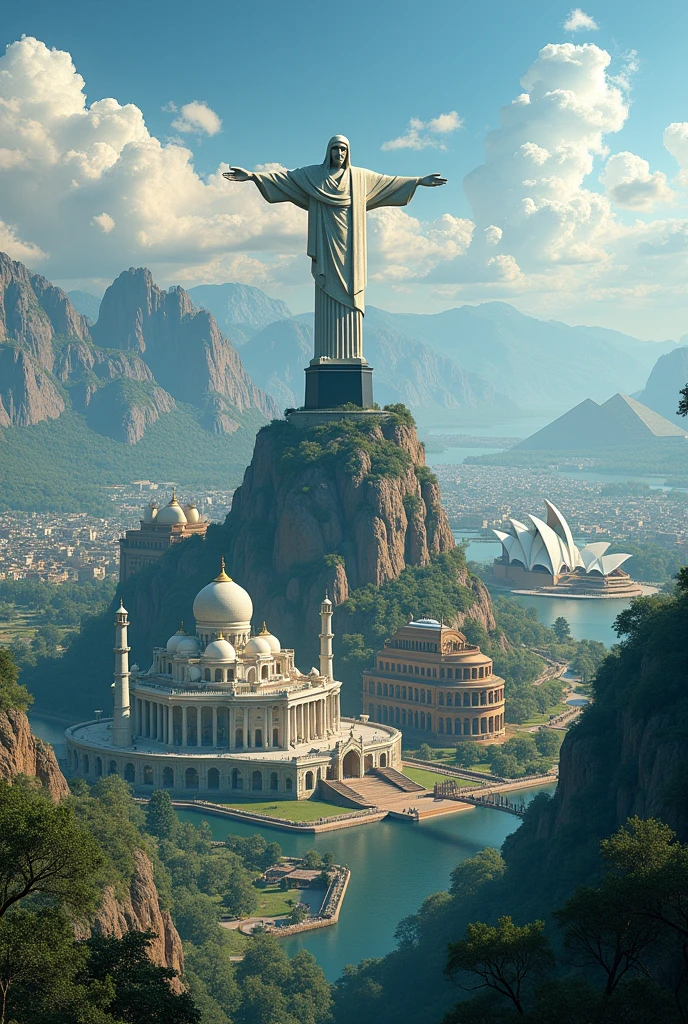 I need a horizontal image of a landscape that encompasses Christ the Redeemer, the coliseum, The Taj Mahal, the pyramids of egypt and the sydney opera house around