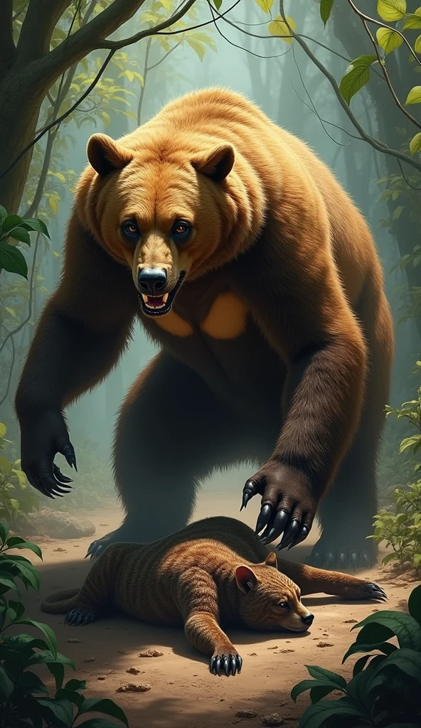 Sun Bear agresive standing on a dead fossa that it fought