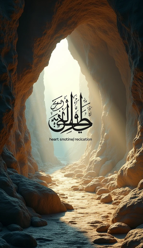 "A serene, spiritual scene depicting the interior of a cave illuminated by soft natural light. The environment is peaceful, with rocky walls and a pathway leading out of the cave. In the center, Arabic calligraphy beautifully displays 'Surah Al-Kahf,' with an accompanying text that reads 'Heart Soothing Recitation.' The atmosphere is tranquil, invoking a sense of calm and reflection."