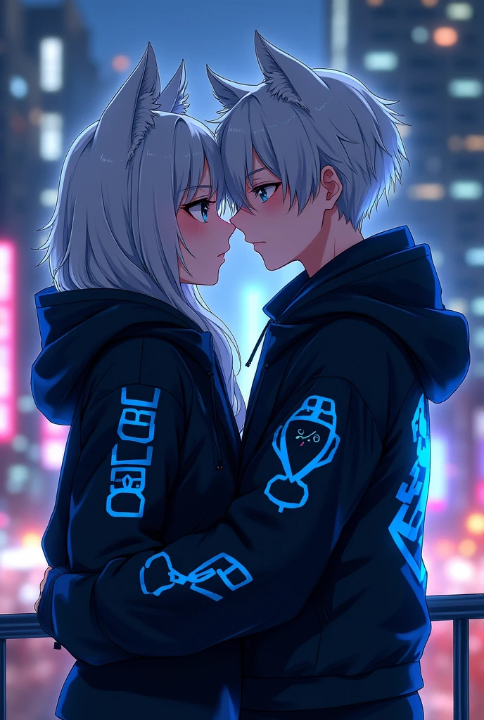 Anime girl and boy hugs each other both are wearing black jacket with some future astic blue pattern on it background city jacket cover with head and zoom more and background little bit of dark jacket has hat and they are wearing it anime boy and girl both have white hair and make their look little bit of wolf style make background night city make girl looks little jealous face make them little young and make girl more jealous 

Make picture same but make girl face like jealous like air in his mouth make girl jealous face like her mouth is full with air

