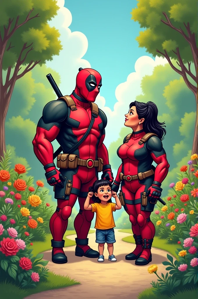 Deathpool and his chubby girlfriend was play in the garden with us daughter