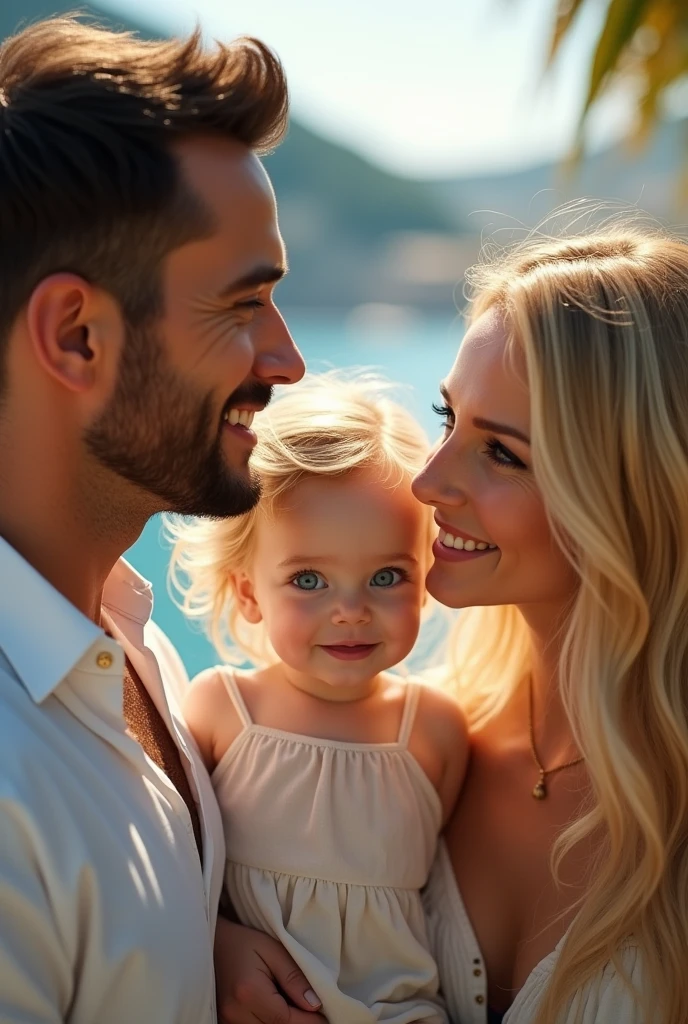 Blonde child blue eyes together with his father dark brown hair and brown eyes and his mother blonde green eyes long hair in Monaco 8k ultrarealistic photorealistic