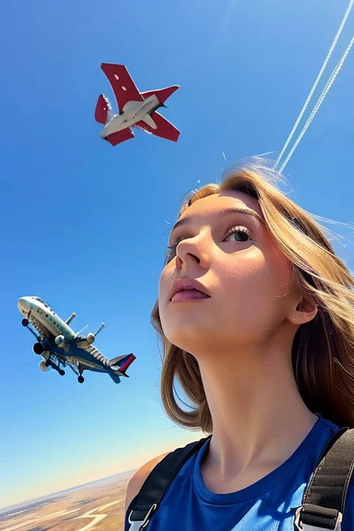 1 women, looking at viewer, masterpiece, photography, realistic, , skydiving, parachute, sky background, plane in background,
