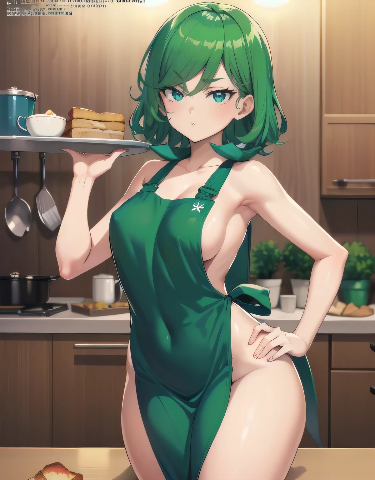 (Best Quality, Masterpiece),sexy mommy, Front cover of a women's cooking magazine, , naked, erotic, 18+, nsfw, 1girl, 30 years old, stunning, cute, heartwarming smile, hourglass figure, super mini bikini, pinny apron, beautiful food, text, diagrams, advertisements, magazine title, short green hair, green eyes