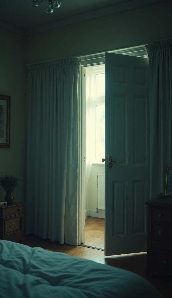 [Image of the bedroom door closing again, with a fade-out effect and an inscription icon]