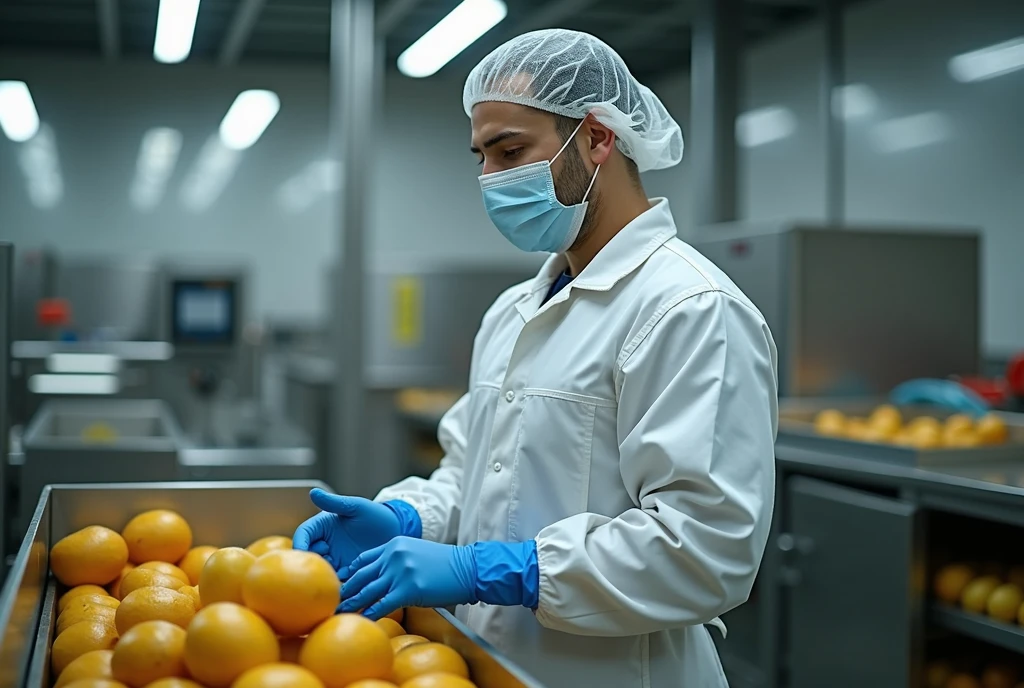 create a collaborator image(a) brazileiro(a) using gloves, mascaras, cap all hair must be covered as well as the ears, he must not have a beard or visible hair, he must wear an apron and be in a fruit processing agroindustry