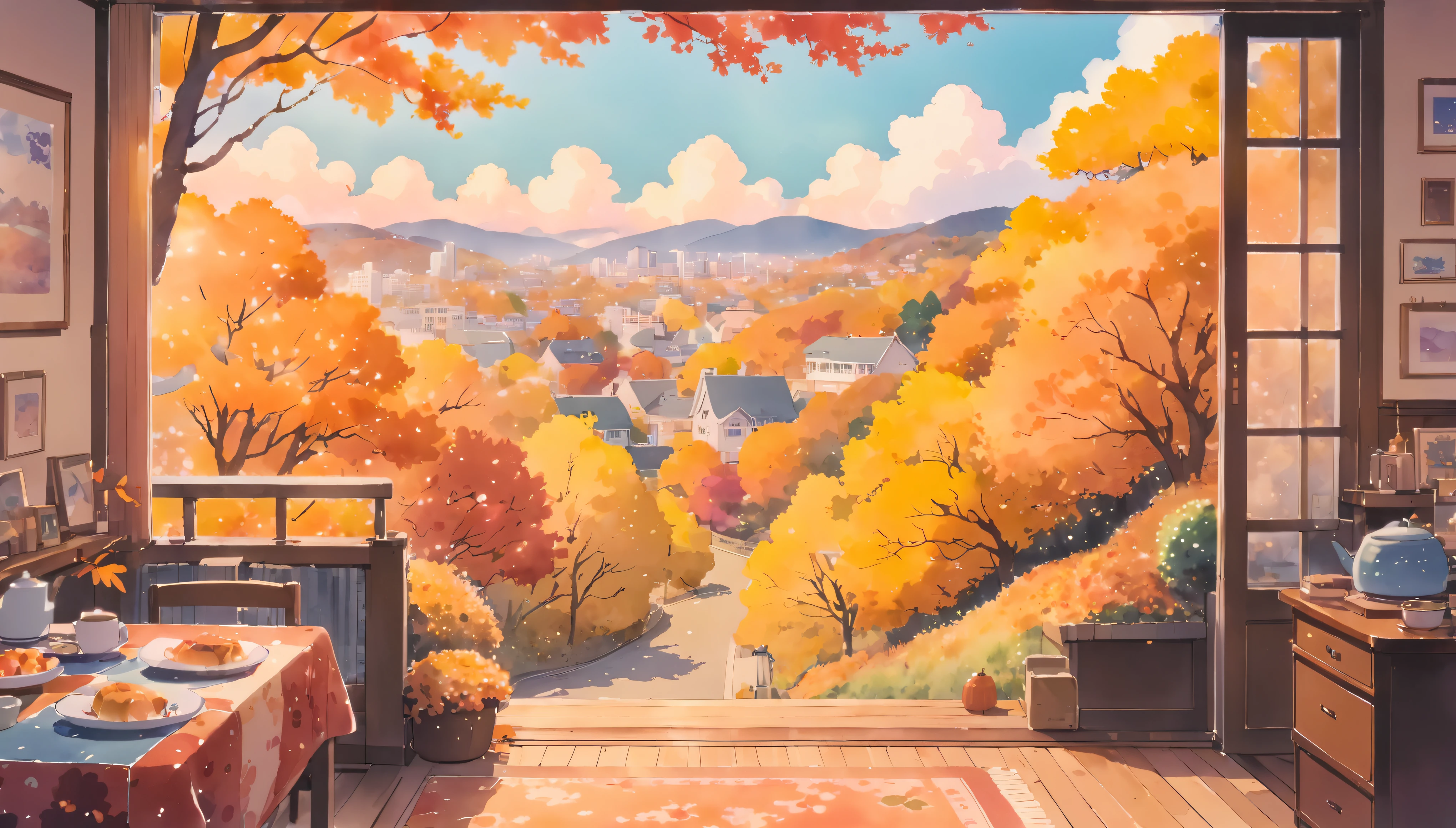 ultrawide Cozy autumn aesthetic fall,Studio ghibli inspired,Watercolor,no people,Lofi,Cute