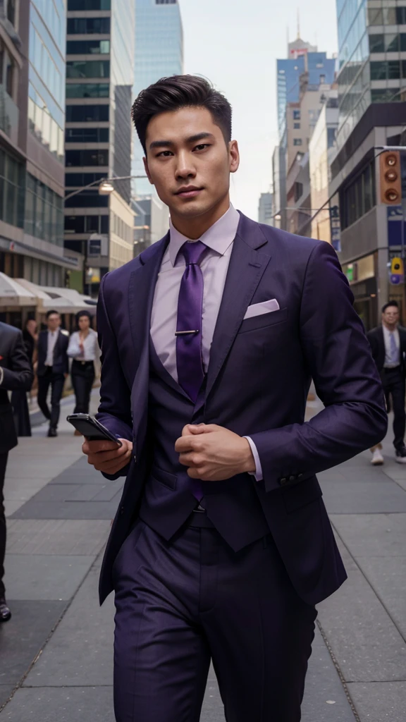 HOMEM COREANO,  PEITO MUSCULAR, bulge ,  athletic physique, smirking, slender, no body hair, 1 Handsome chinese slim guy, 20 years old, Hair combed smoothly, wearing suit and tie , Realistic, purple fully suit, nude, perfect , male , business man, using Samsung smart phone, in a downtown street with skyscrapers background,