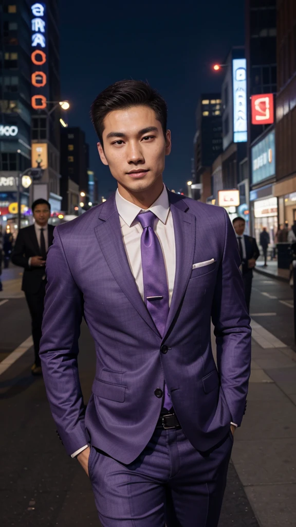HOMEM COREANO,  PEITO MUSCULAR, bulge ,  athletic physique, smirking, slender, no body hair, 1 Handsome chinese slim guy, 20 years old, Hair combed smoothly, wearing suit and tie , Realistic, purple fully suit, nude, perfect , male , business man, using Samsung smart phone, in a downtown street with skyscrapers background,