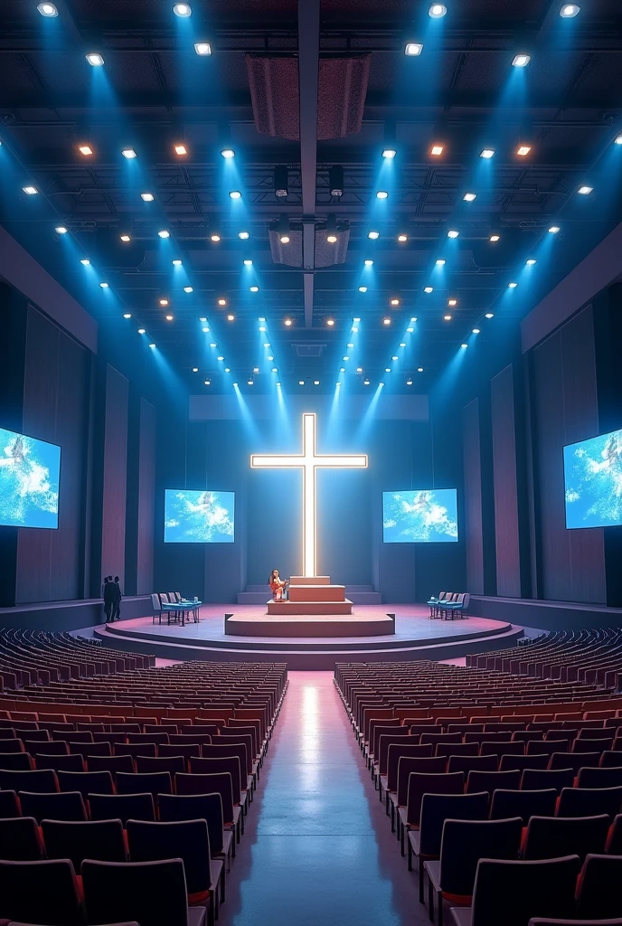 A very huge and wide rectangualar meeting hall, with many rows and Columns of chairs devided with 3 walk ways,blue and white light in the building,ceiling with many spot lights, A wide Huge tectangual stage at a far end, background of the stage "a full screen shoing A light shining out from a bible cross on the top of the bible and a dove on the top of the cross", Tv screen hang down on the middels of ceiling infron of rows