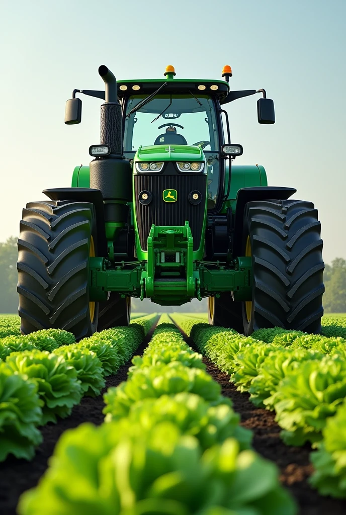 Make a green tractor, very large in a lettuce garden 