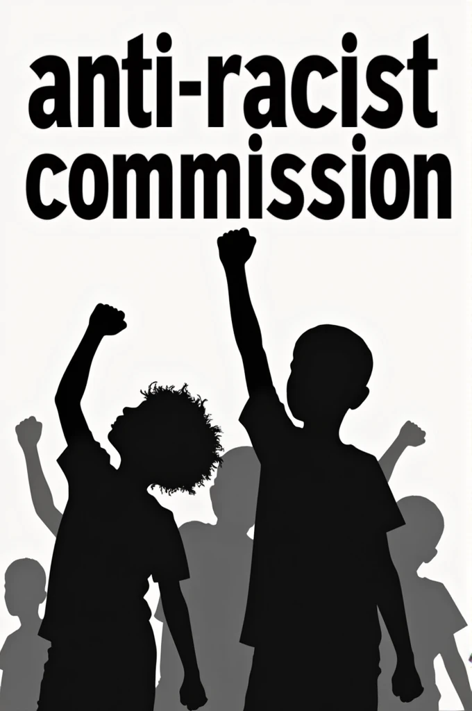 A print with writing "anti-racist commission' and just below the silhouette of children with clenched fists towards the top
