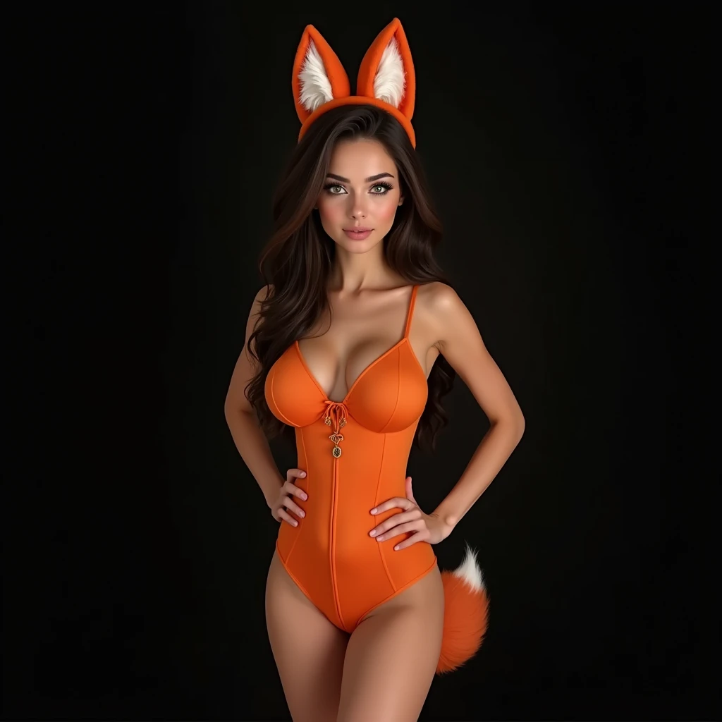 Latin woman, 17 years, huge breasts, green eyes, Fox tail, fox ears, orange one piece lingerie, Photo studio, Black background 