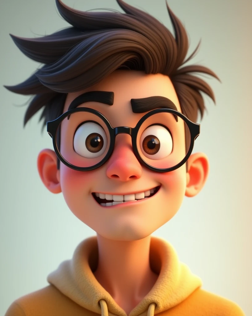 I want a man with thick eyebrows and full mouth with round glasses in animation style and Black Brown eyes and a short hair with volume on top and smiling