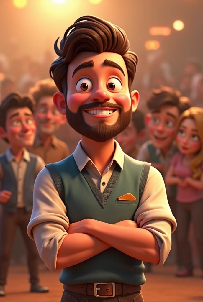 Cartoon man with brown hair and brown beard in front of a crowd, 3d animation film, animated film, Pixar 3D-Animationsstil, pixar renderman render, maya 8 k, animated film, Disney Pixar Style 3D, With a smile on my face and standing on the beach, In another photo, The same guy hugs his girlfriend with his blonde hair up
