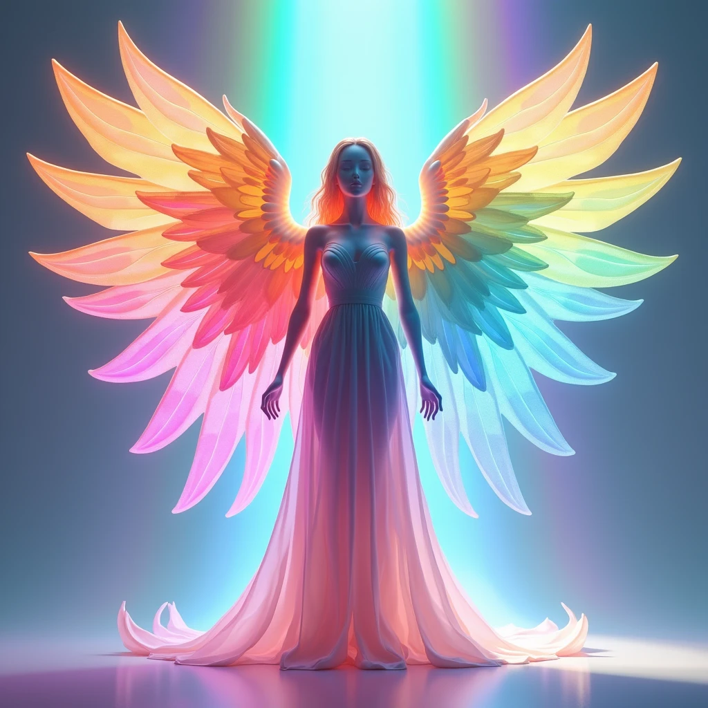 One person,((((All 6 wings are different colors.))))、 (((ドレス姿1.5))), ((((3 pairs of 6 wings:2.0)))), Beautiful angel, (((The upper wing is warm colored, the middle wing is iridescent, and the lower wing is cool colored.))), (rainbow colop body), 2 tails, Holographic, (The wings are symmetrically paired;1.8), Rainbow gradient

