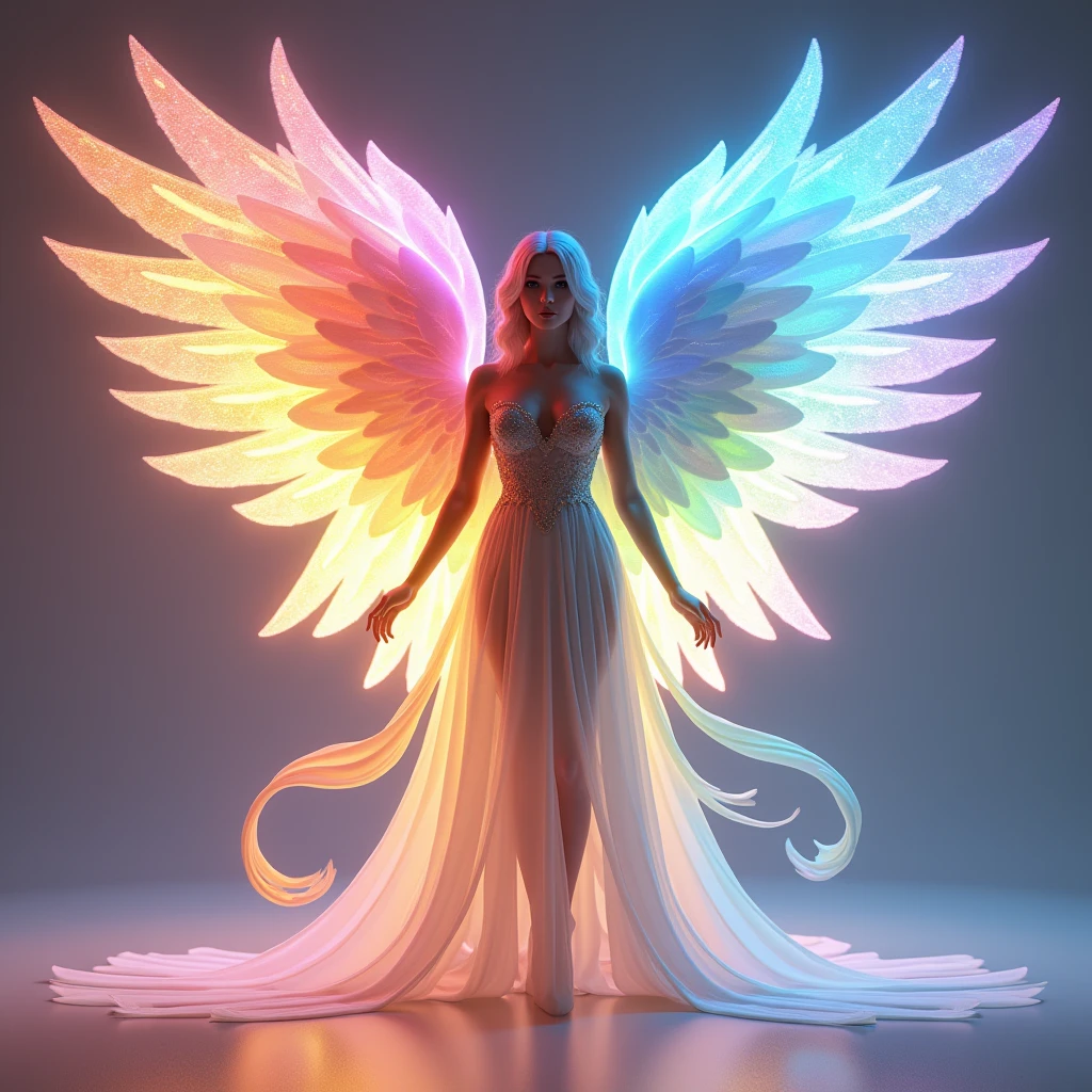 One person,((((All 6 wings are different colors.))))、 (((ドレス姿1.5))), ((((3 pairs of 6 wings:2.0)))), Beautiful angel, (((The upper wing is warm colored, the middle wing is iridescent, and the lower wing is cool colored.))), (rainbow colop body), 2 tails, Holographic, (The wings are symmetrically paired;1.8), Rainbow gradient