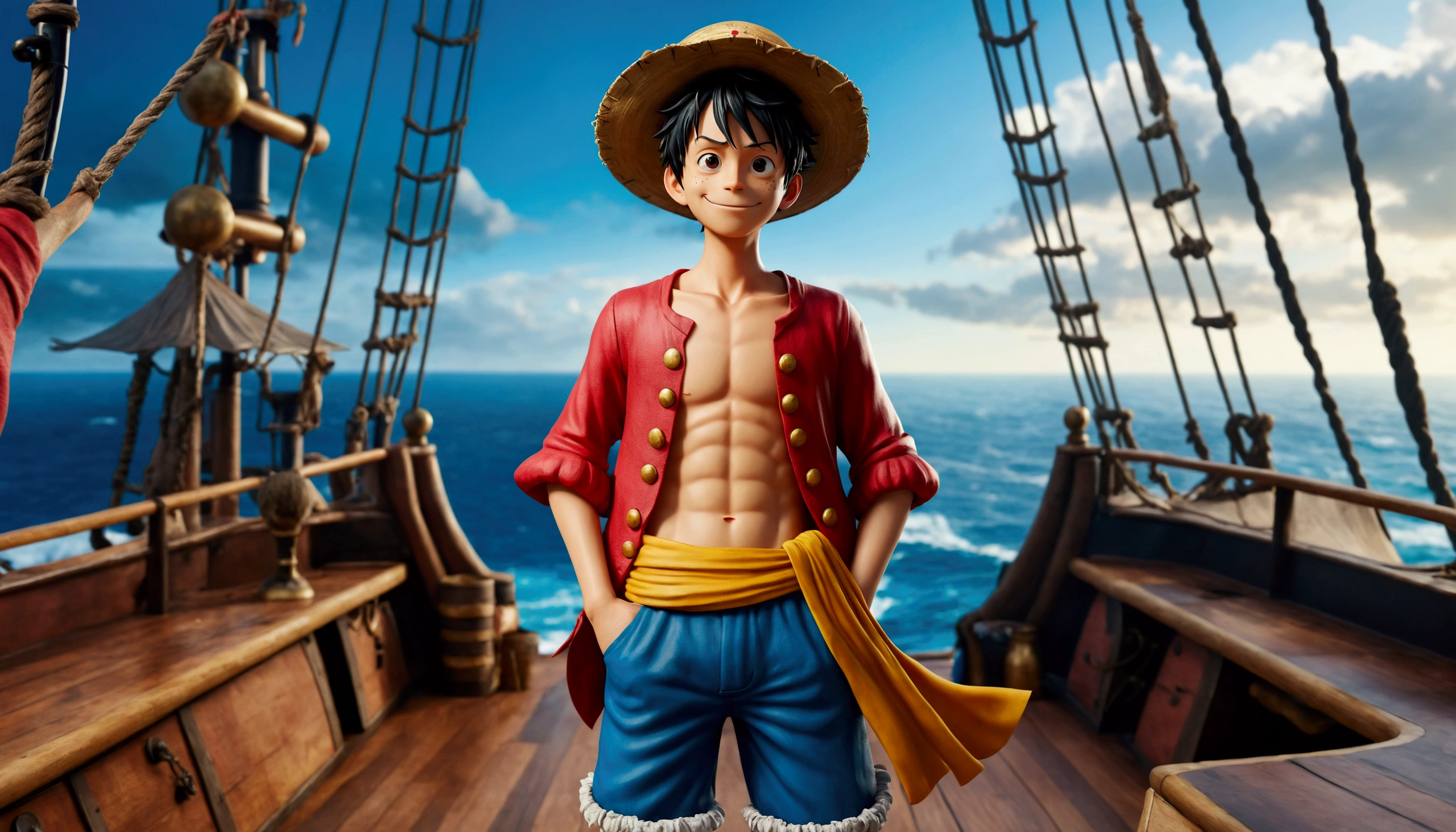 A realistic monkey d. Luffy of a pirate inspired by anime one piece, with a straw hat, short black hair, and a cheerful expression. He is wearing a red open vest, blue shorts, and sandals. The character is standing confidently on the deck of a pirate ship, with an ocean and sky backdrop. He has a carefree and adventurous look, exuding a sense of excitement and curiosity. The character's stance is dynamic, with one arm raised as if he's about to shout something, capturing the essence of a spirited and brave pirate leader..