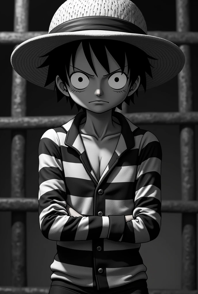Monkey D. Luffy in prison uniform black and white striped long sleeves with black and white striped petition hat Original anime One Piece