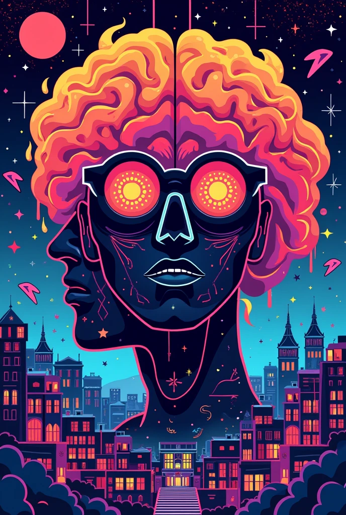 party poster, club, psychology, university, psycho party, poster, bright colors, 90s 00s music, university poster, brain, wuppertal, wuppertal uni, psycho, lots of free space for text, without a person, vector, vector style, minimalism