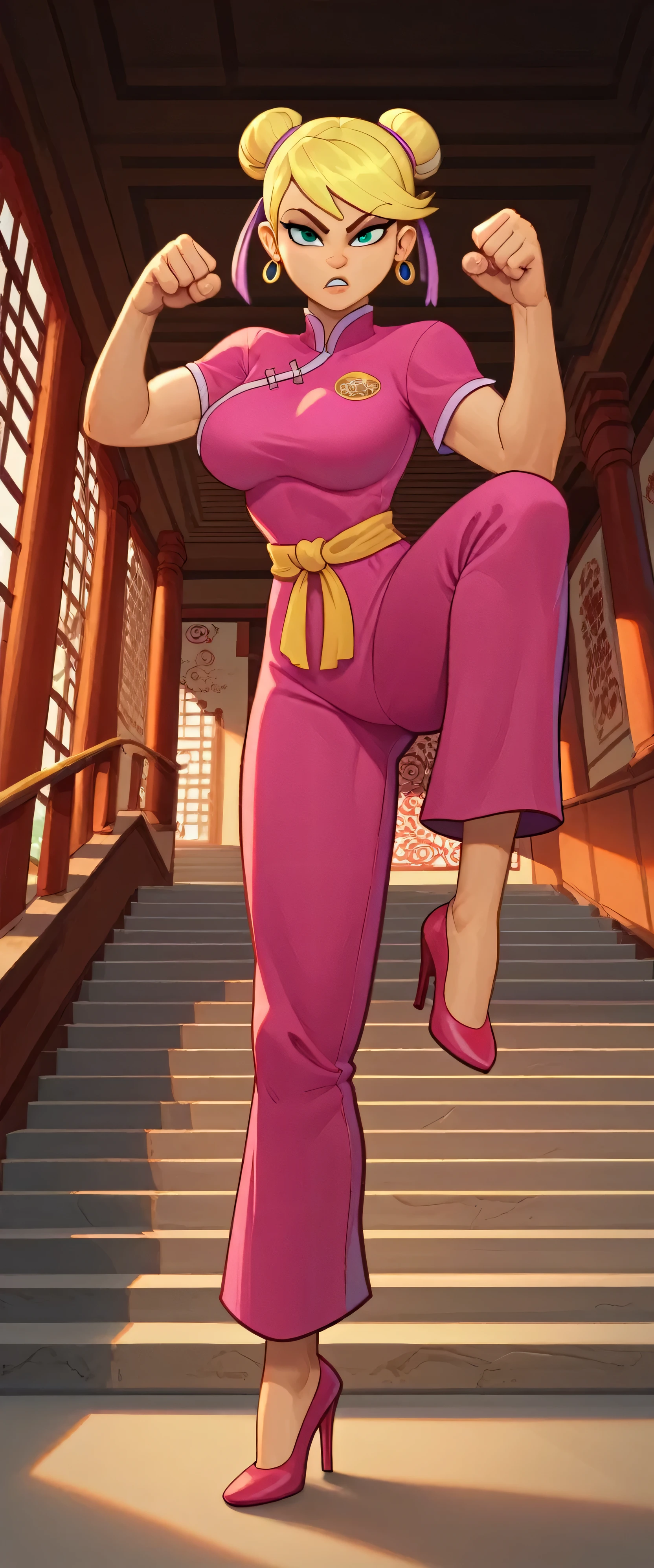 lola loud, 1girl, solo, 24yo girl, large breasts, pink cheongsam,  inside of a chinese temple, looking at viewer, blonde hair, two hair buns , hands  score_9, score_8_up, score_7_up, high heels, teep fighting stance,martial arts, stairs behind her, guarding the stairs