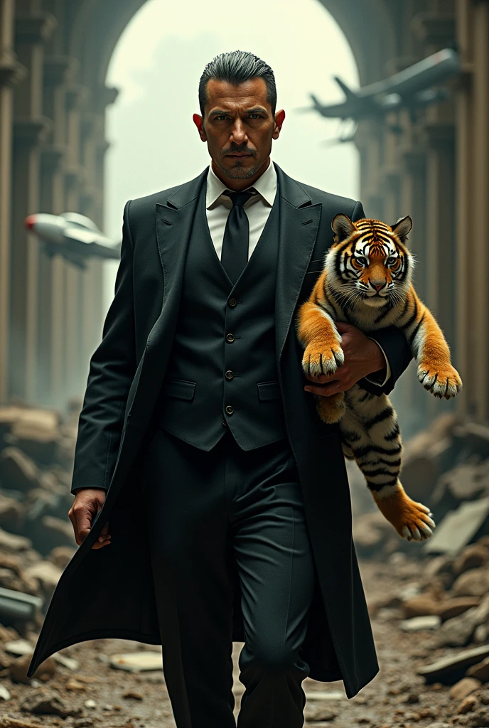 poster film action,Portrait of an 1 Asian man wearing a mafia outfit holding a woman and a tiger cub in front of him ,in a ruined building,api,car,motor,aircraft,real best quality