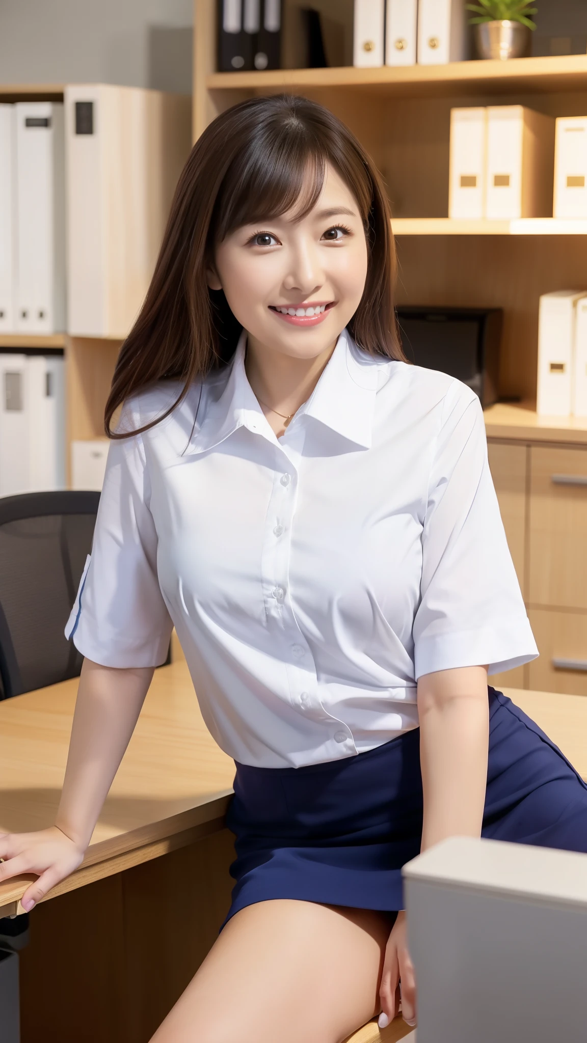 ((highest quality, 8k, Representative works in detail, ultra high resolution)), (group photo), (looking at the viewer), (middle shot:), Five attractive businesswomen,5 women, 横に並んでいる、a little chubby:0.25, white short sleeve collared shirt, ネイビーのTight Skirt、short skirt(sitting cross-legged at a desk in the office)), smile, office、バストが大きい、
