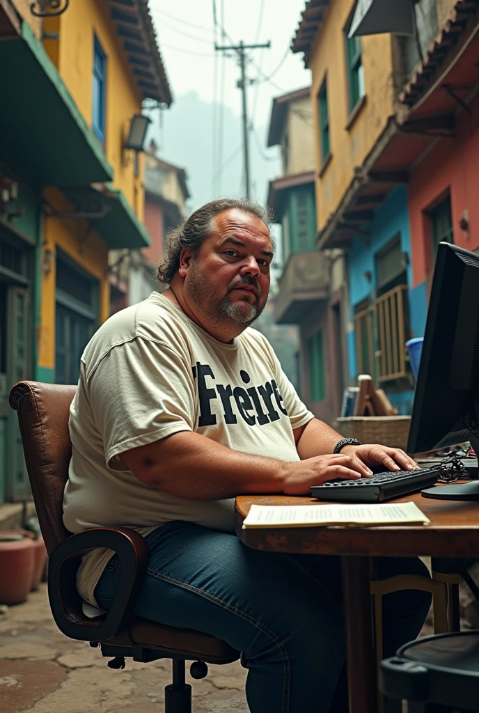 a fat white man in front of the computer in the favela with a shirt that says Freire 
