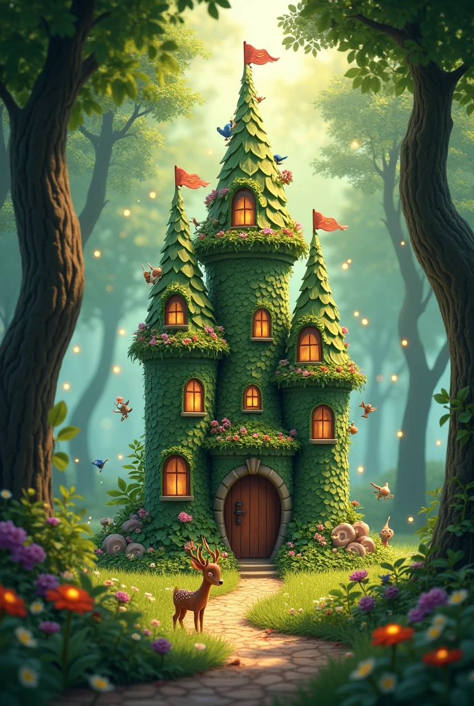 Create a disney pixar 3d poster, "Illustrate a magical castle made of large, vibrant leaves nestled deep in a whimsical forest. The castle’s turrets and towers are crafted from intertwined leaves and vines, with windows and doors framed by delicate flowers. Soft, dappled sunlight filters through the forest canopy, casting a warm, inviting glow over the scene. Surround the castle with playful woodland creatures and glowing fireflies, creating an enchanting, fairytale atmosphere." Create a photo of 10:19 aspect ratio