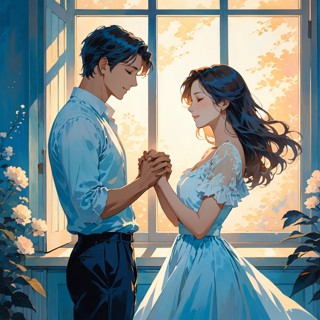 The scene depicts a couple dancing in a softly lit room, illuminated by moonlight streaming through large windows. Their hands are tightly held, and their bodies gently sway to the rhythm of the music. The shadows cast by the moonlight create an intimate and soulful atmosphere. The couple's expressions are calm and content, reflecting the deep connection they share. The color palette should include soft blues, gentle whites, and warm tones to emphasize the peaceful and tender moment they are sharing