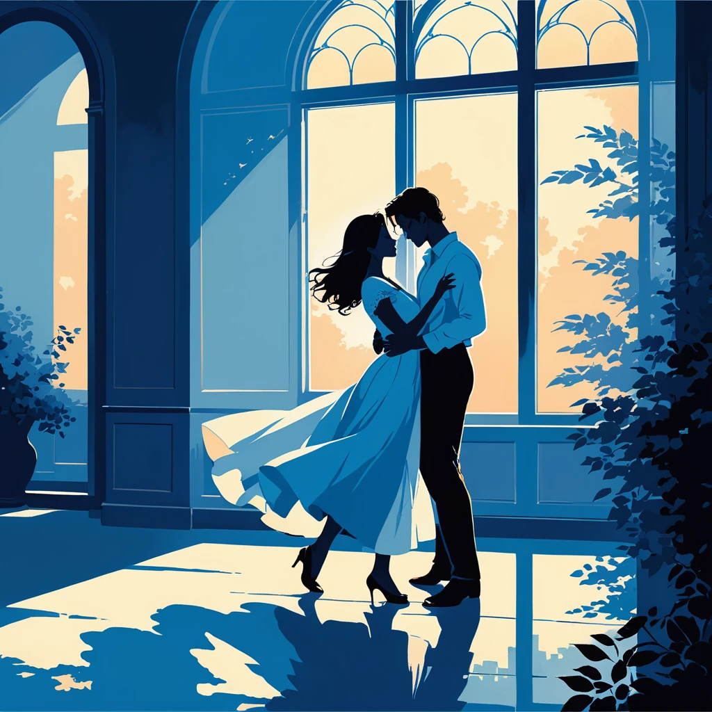 The scene depicts a couple dancing in a softly lit room, illuminated by moonlight streaming through large windows. Their hands are tightly held, and their bodies gently sway to the rhythm of the music. The shadows cast by the moonlight create an intimate and soulful atmosphere. The couple's expressions are calm and content, reflecting the deep connection they share. The color palette should include soft blues, gentle whites, and warm tones to emphasize the peaceful and tender moment they are sharing